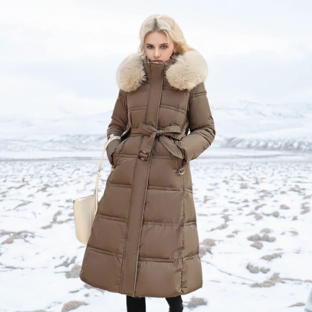 Parka femme à capuche bordée de fausse fourrure – Marron et beige