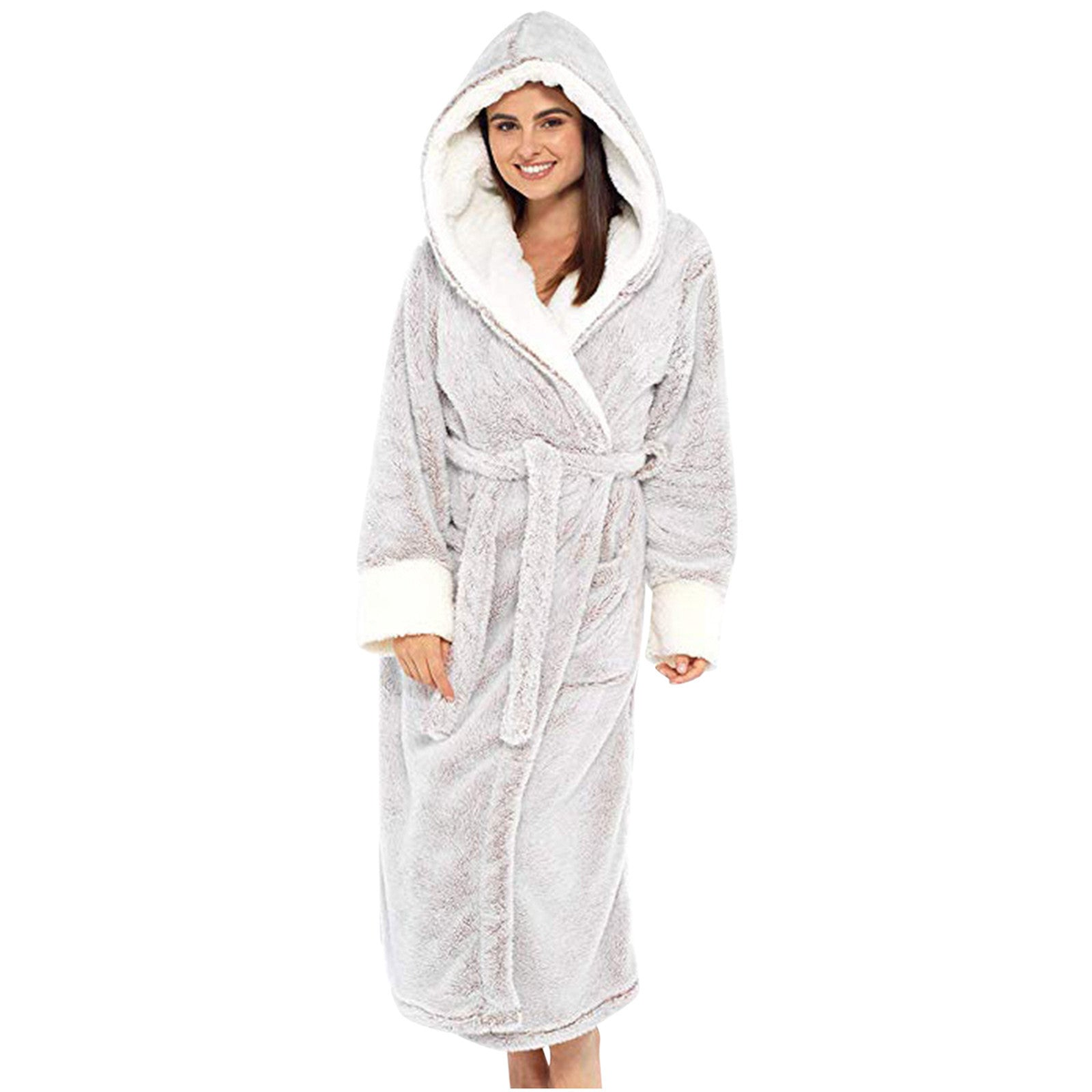 Peignoir femme long en polaire douce à capuche et ceinture – Gris clair