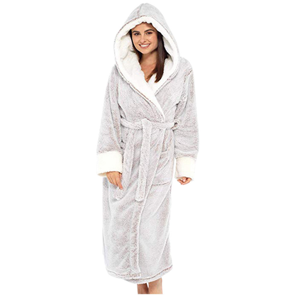 Peignoir femme long en polaire douce à capuche et ceinture – Gris clair