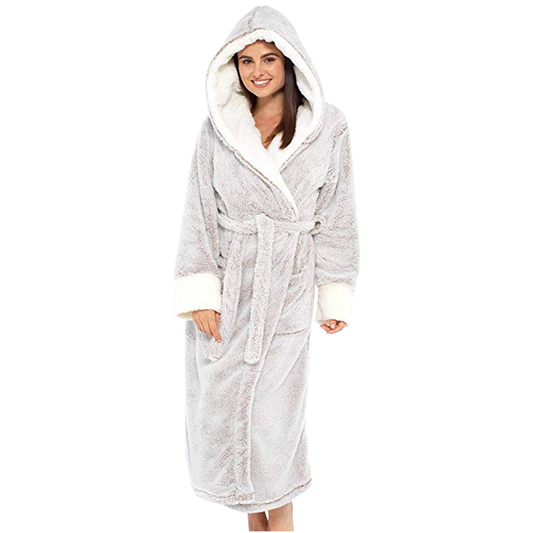 Peignoir femme long en polaire douce à capuche et ceinture – Gris clair