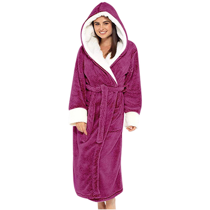 Peignoir femme long en polaire douce à capuche et ceinture – Magenta
