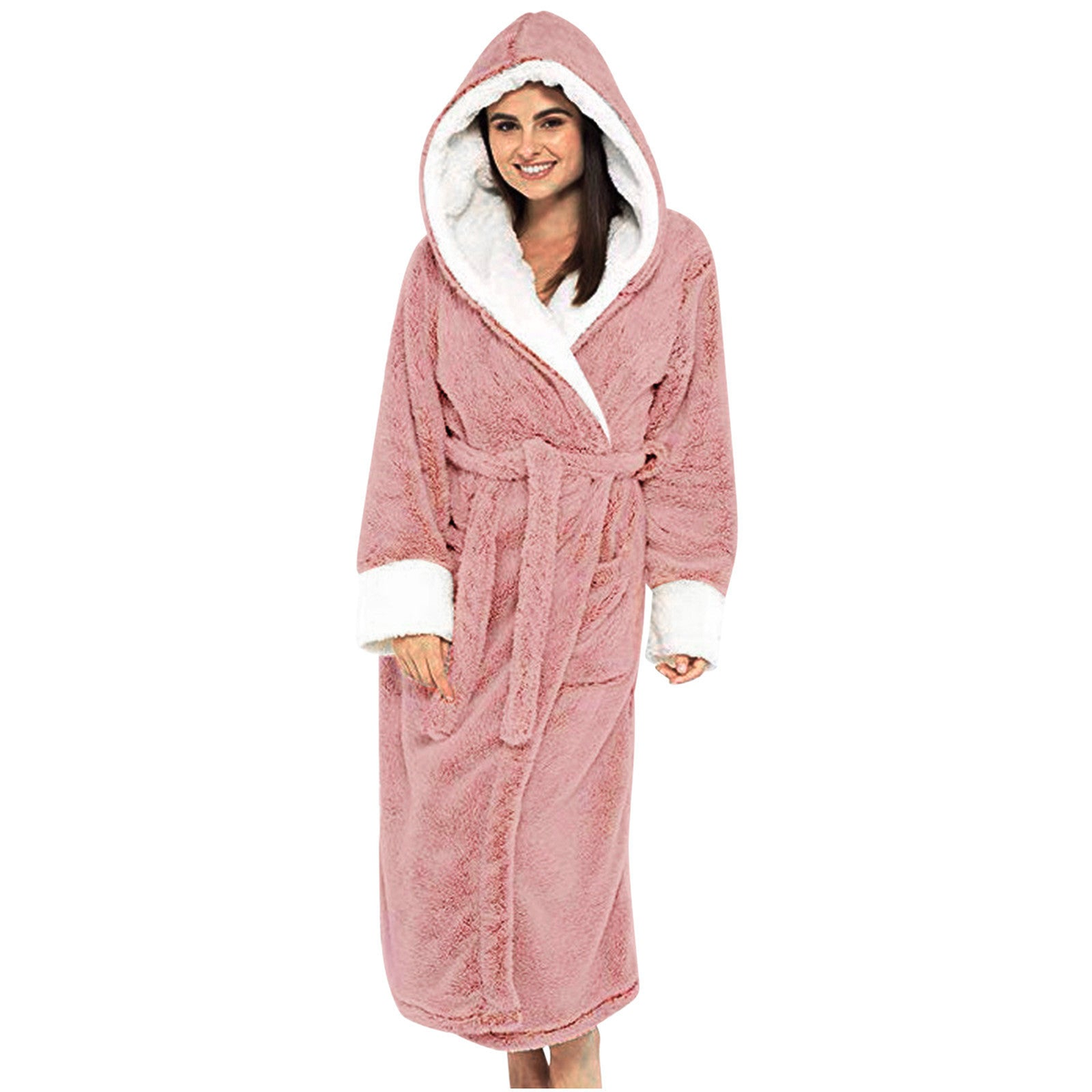Peignoir femme long en polaire douce à capuche et ceinture – Rose