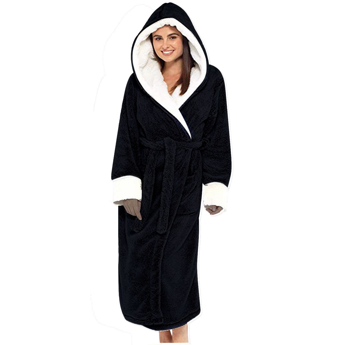 Peignoir femme long en polaire douce à capuche et ceinture – Noir