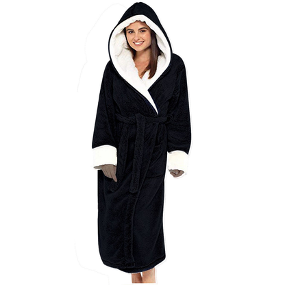 Peignoir femme long en polaire douce à capuche et ceinture – Noir