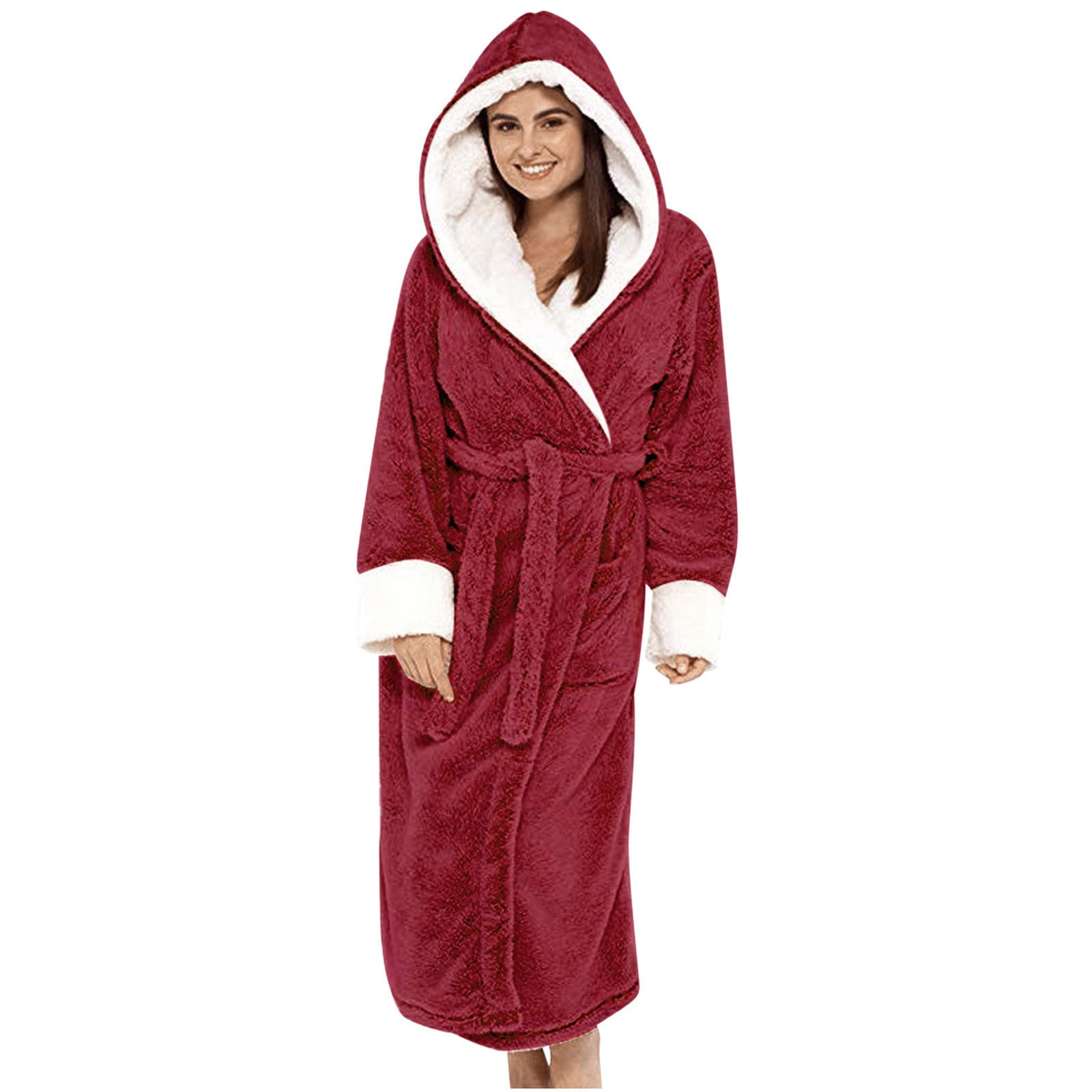 Peignoir femme long en polaire douce à capuche et ceinture – Rouge