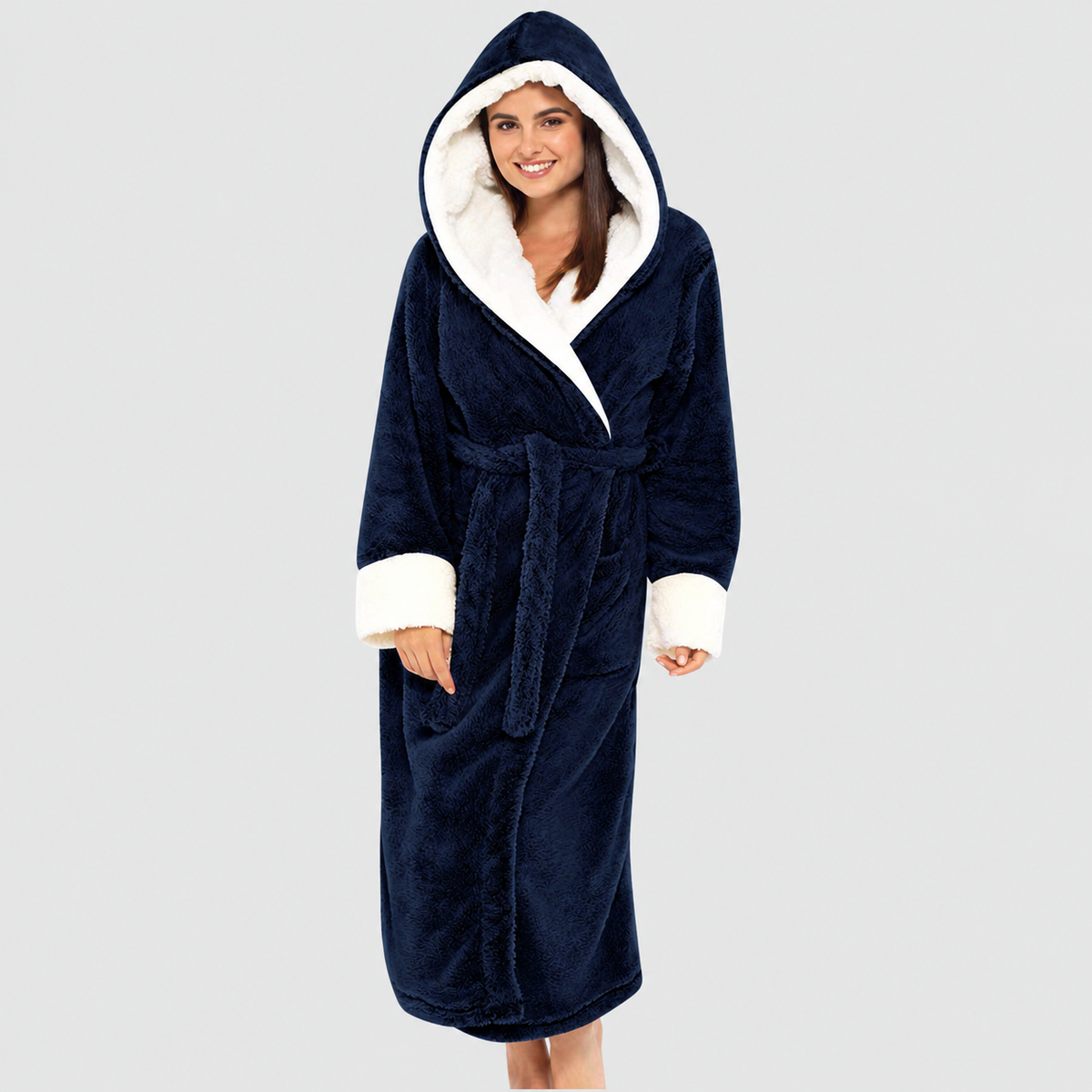 Peignoir femme long en polaire douce à capuche et ceinture – Bleu foncé