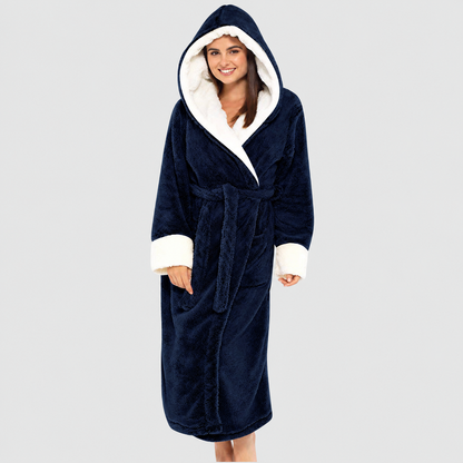 Peignoir femme long en polaire douce à capuche et ceinture – Bleu foncé
