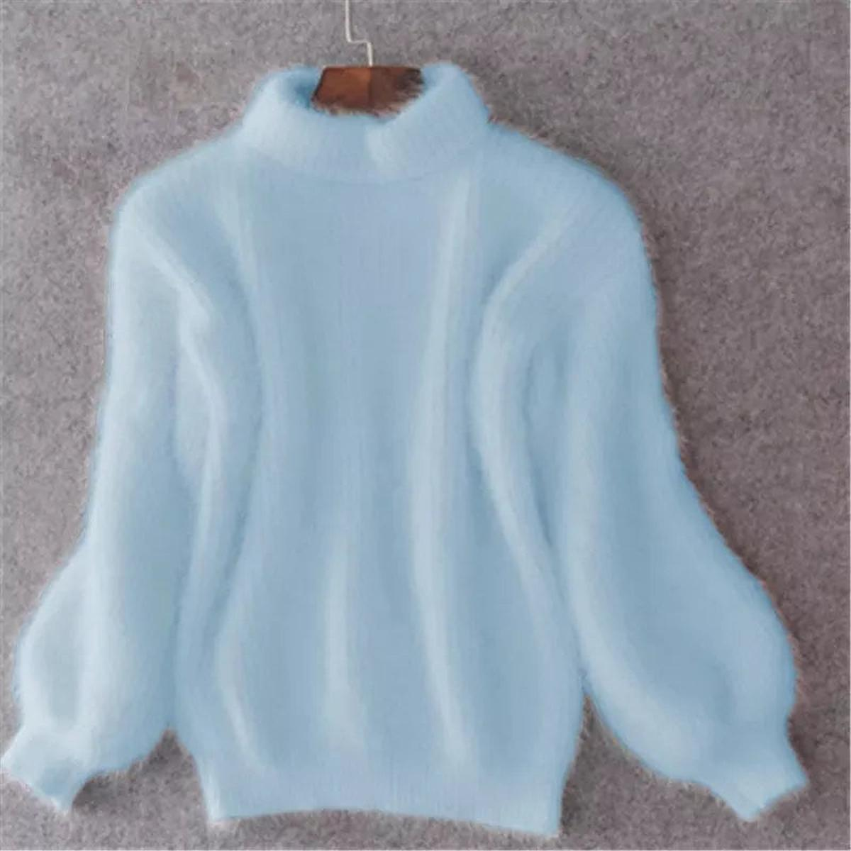 Pull col montant femme à manches bouffantes en maille douce – Bleu