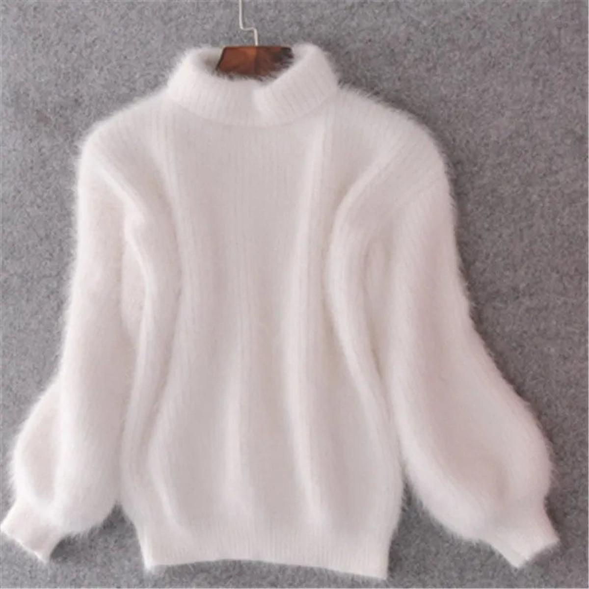 Pull col montant femme à manches bouffantes en maille douce – Blanc