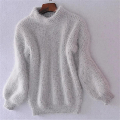 Pull col montant femme à manches bouffantes en maille douce – Gris