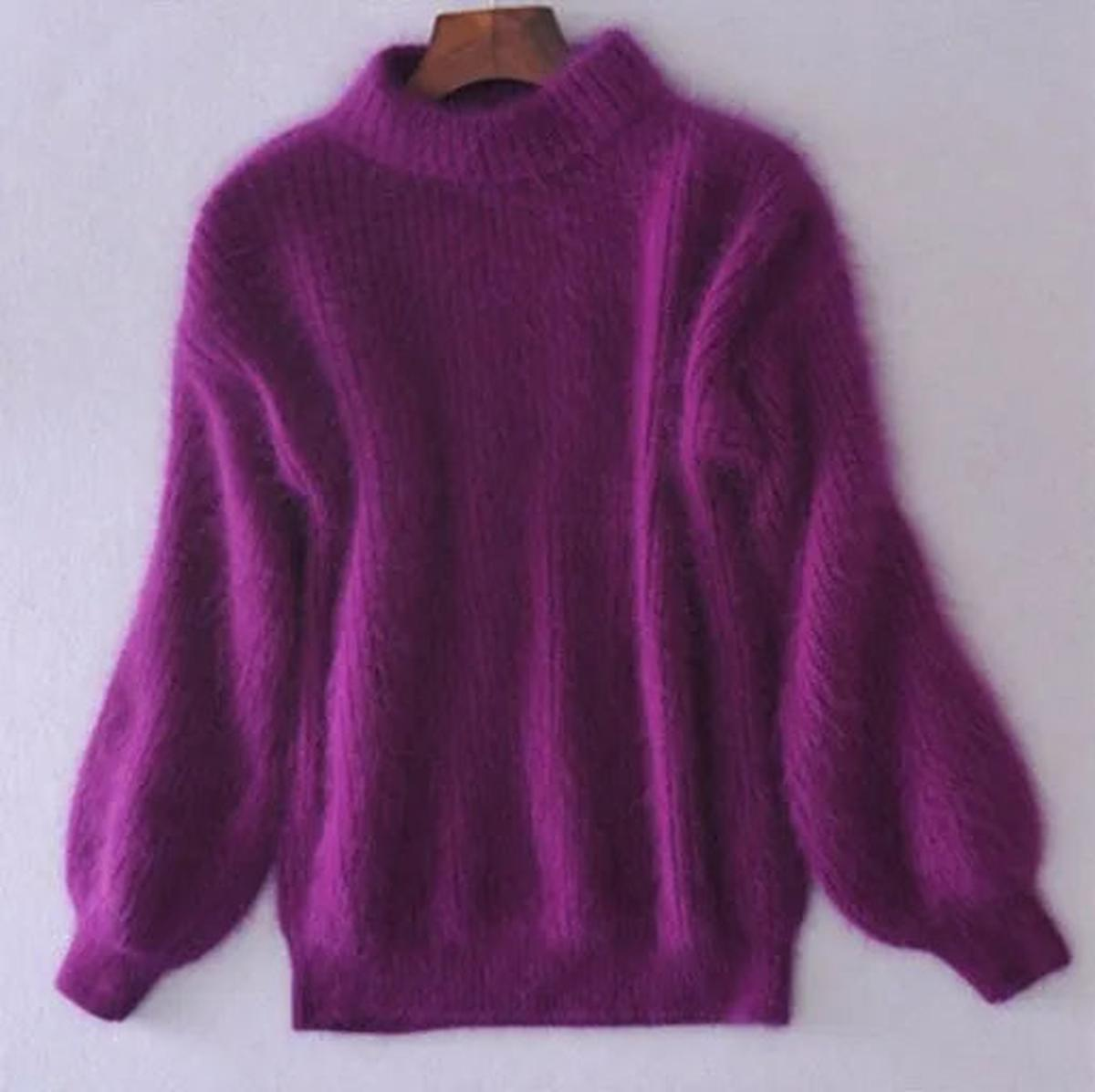 Pull col montant femme à manches bouffantes en maille douce – Violet