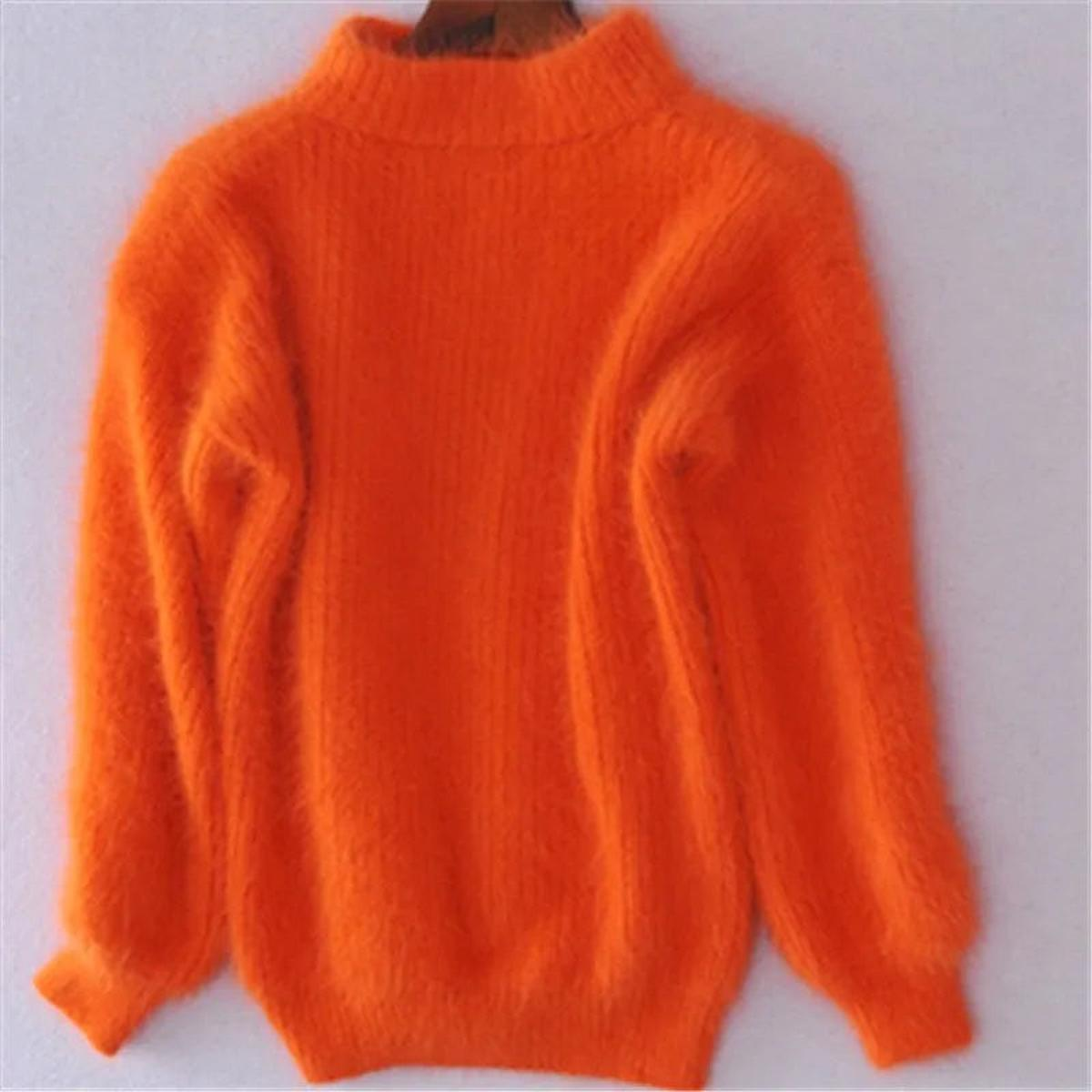 Pull col montant femme à manches bouffantes en maille douce – Orange