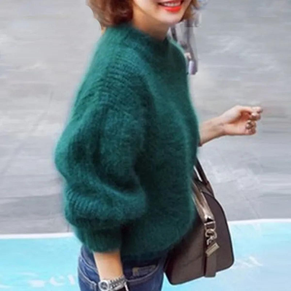Pull col montant femme à manches bouffantes en maille douce – Vert