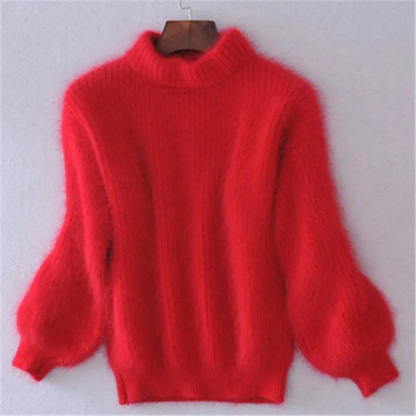 Pull col montant femme à manches bouffantes en maille douce – Rouge