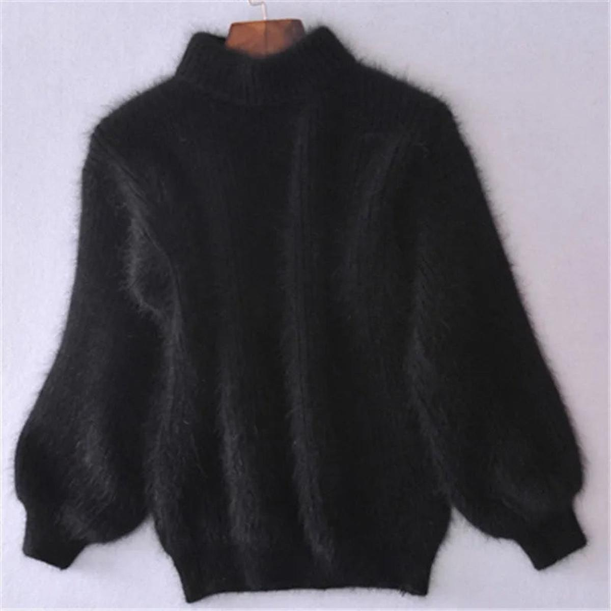 Pull col montant femme à manches bouffantes en maille douce – Noir