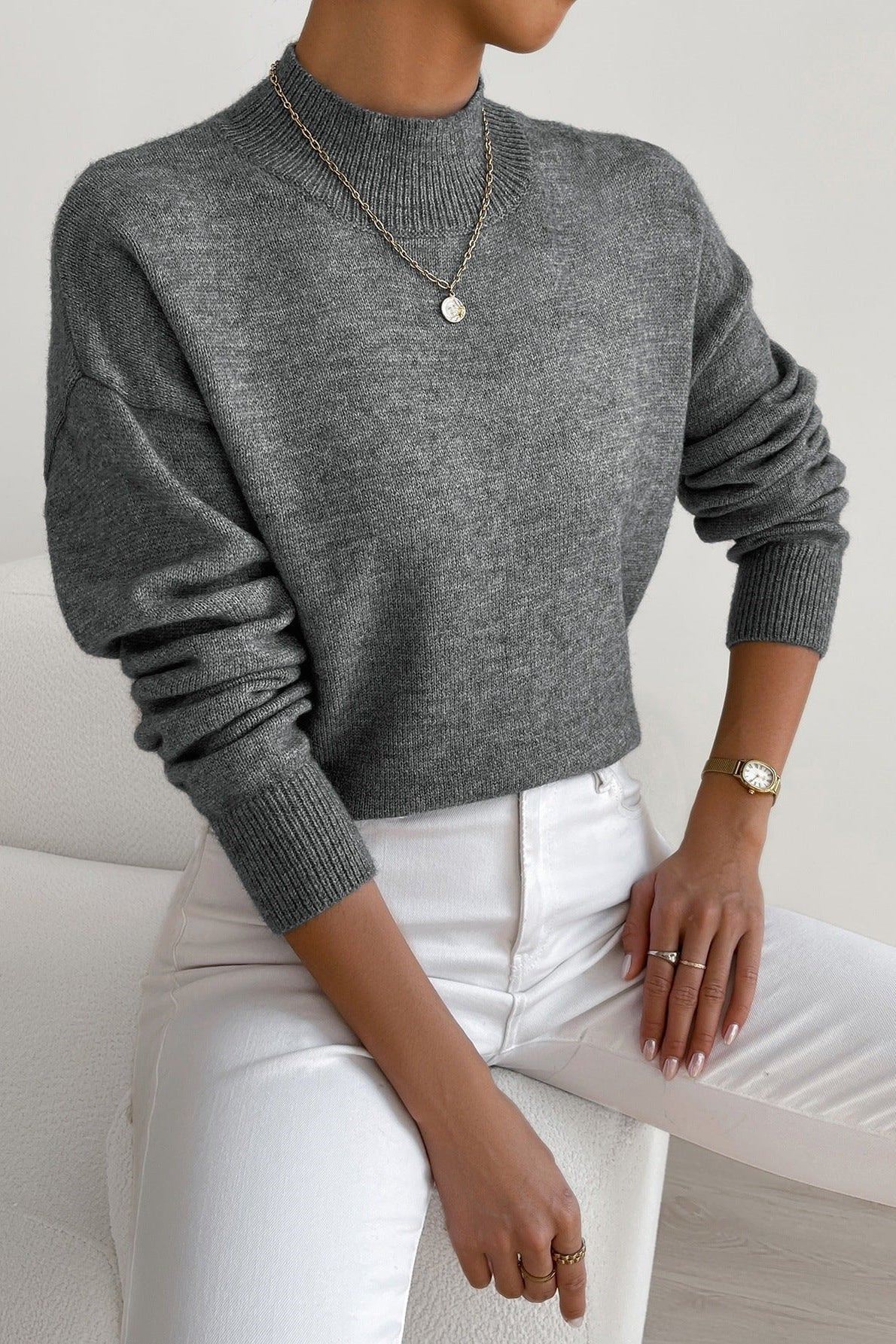 Pull col montant femme en tricot doux à finitions côtelées – Gris chiné