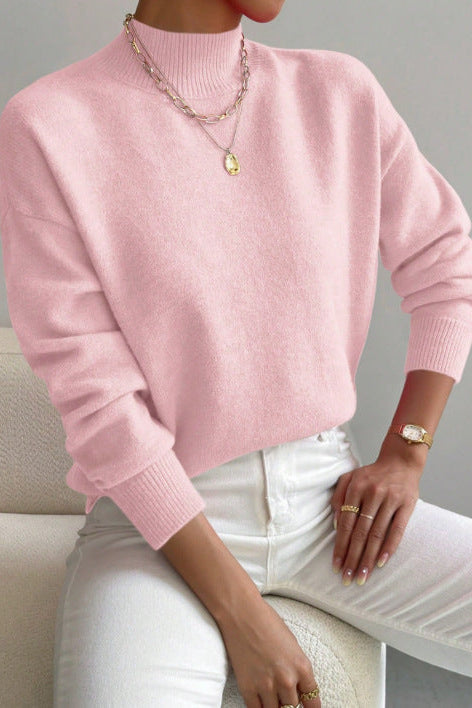 Pull col montant femme en tricot doux à finitions côtelées – Rose layette
