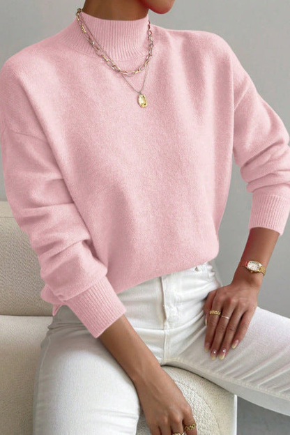 Pull col montant femme en tricot doux à finitions côtelées – Rose layette