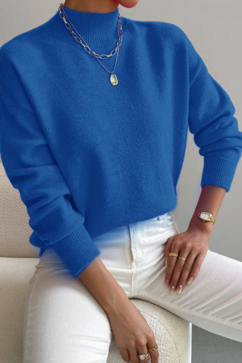 Pull col montant femme en tricot doux à finitions côtelées – Bleu roi