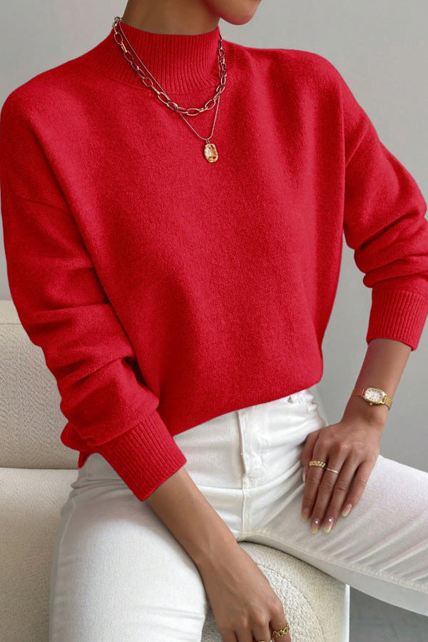 Pull col montant femme en tricot doux à finitions côtelées – Rouge