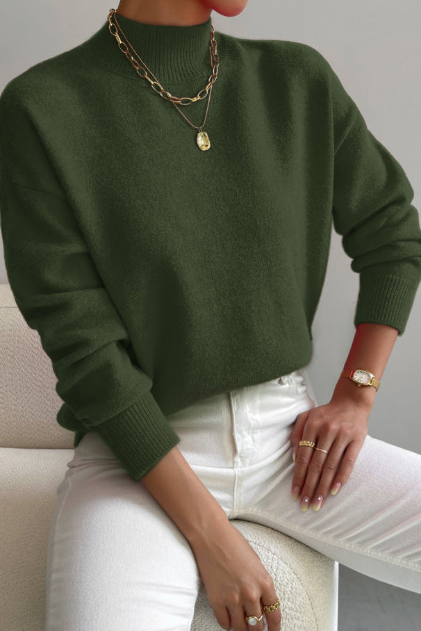 Pull col montant femme en tricot doux à finitions côtelées – Vert forêt