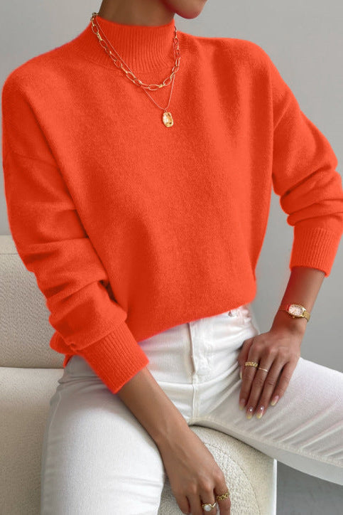 Pull col montant femme en tricot doux à finitions côtelées – Orange