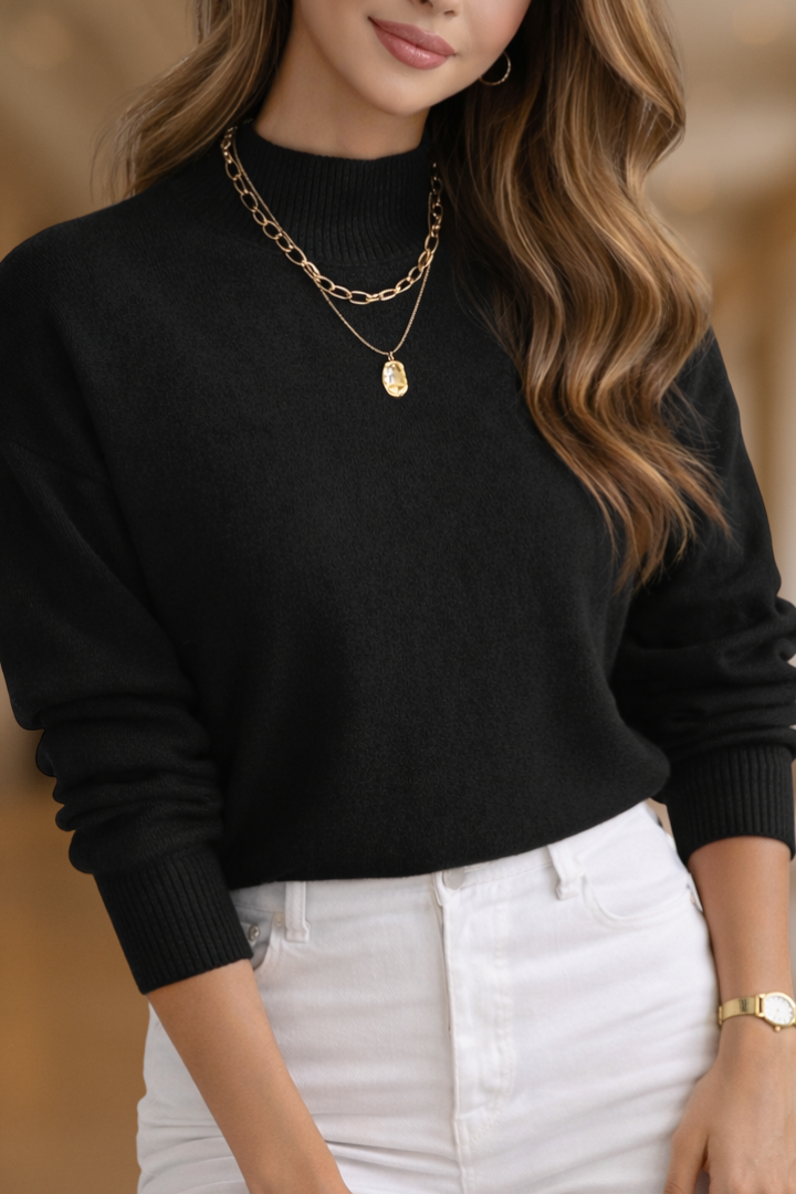Pull col montant femme en tricot doux à finitions côtelées