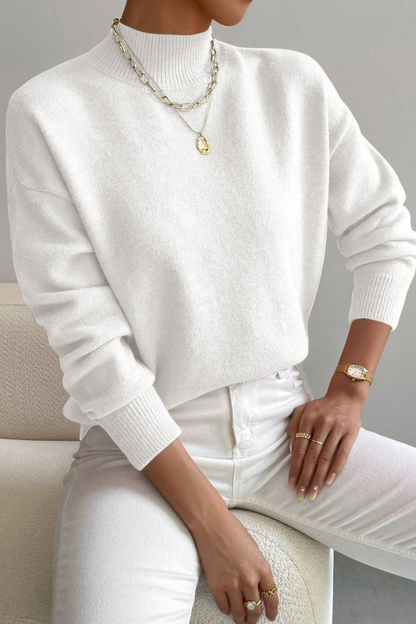 Pull col montant femme en tricot doux à finitions côtelées – Blanc