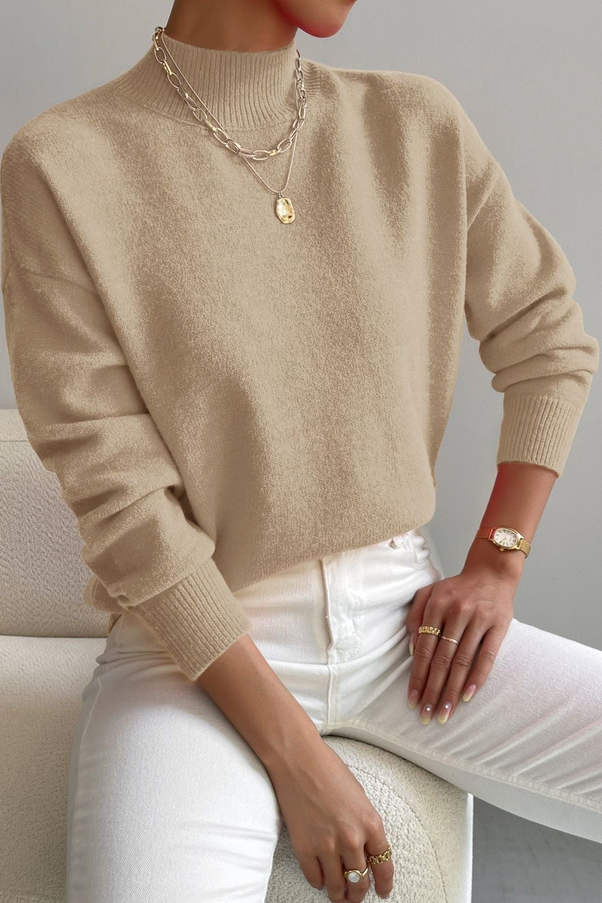 Pull col montant femme en tricot doux à finitions côtelées – Kaki taupe