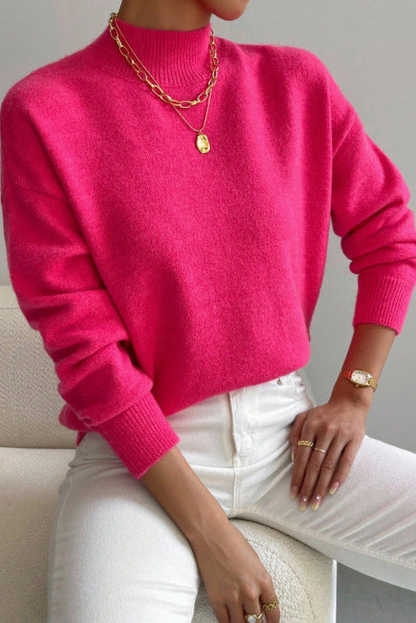 Pull col montant femme en tricot doux à finitions côtelées – Fuchsia