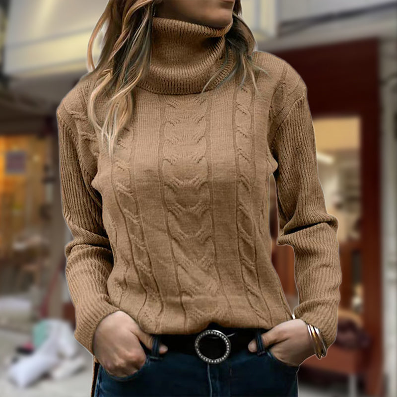 Pull col roulé femme à torsades et larges bords côtelés – Marron