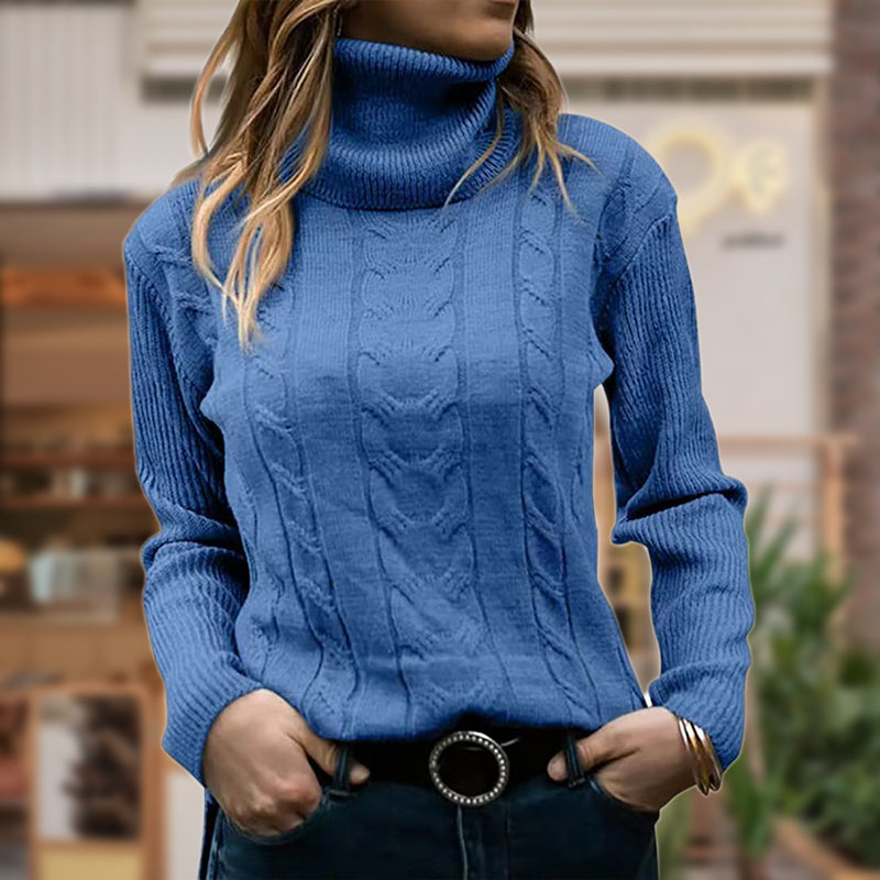 Pull col roulé femme à torsades et larges bords côtelés – Bleu