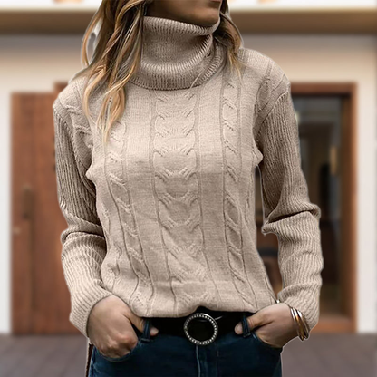 Pull col roulé femme à torsades et larges bords côtelés – Beige