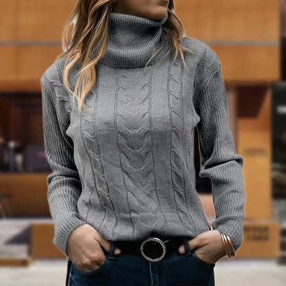 Pull col roulé femme à torsades et larges bords côtelés – Gris