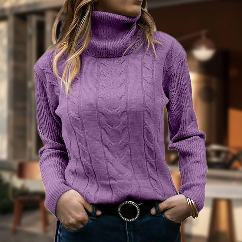 Pull col roulé femme à torsades et larges bords côtelés – Lilas