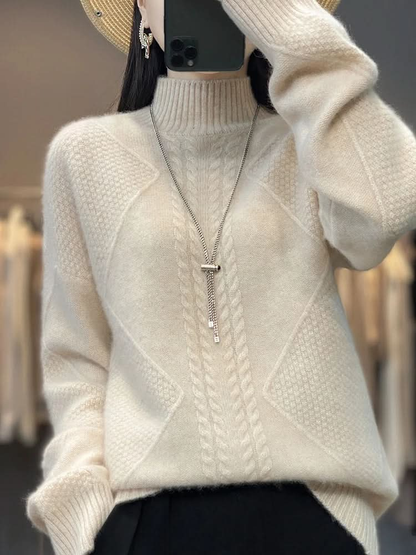 Pull col roulé femme en maille torsadée à coupe ajustée – Blanc