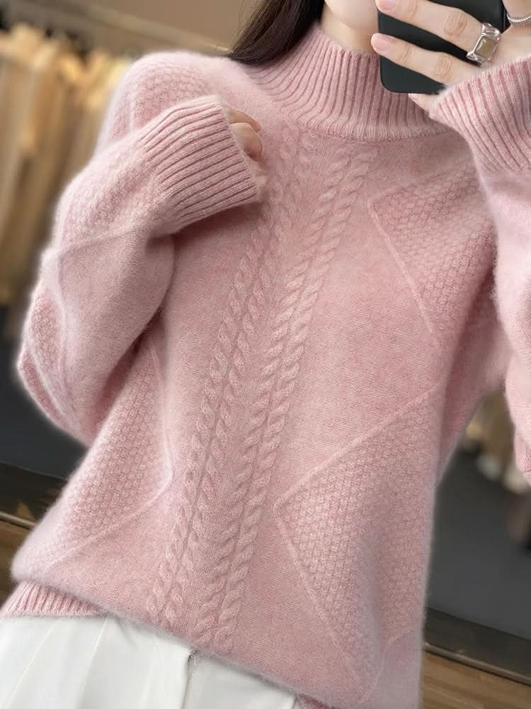 Pull col roulé femme en maille torsadée à coupe ajustée – Rose