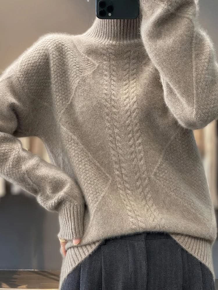 Pull col roulé femme en maille torsadée à coupe ajustée – Gris