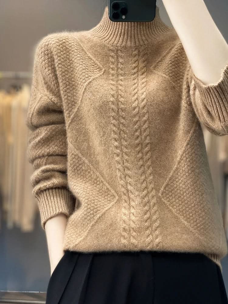 Pull col roulé femme en maille torsadée à coupe ajustée – Camel