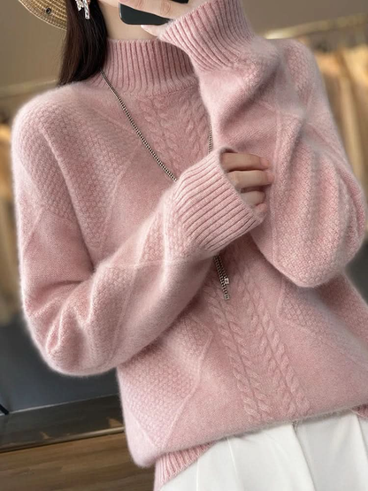 Pull col roulé femme en maille torsadée à coupe ajustée