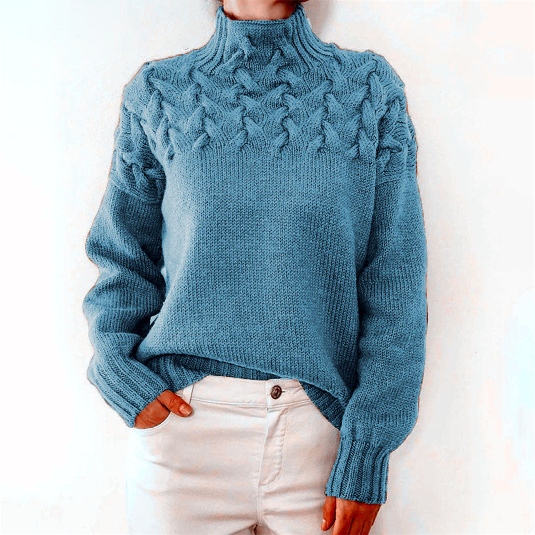 Pull col roulé femme oversize à torsades délicates – Bleu ciel