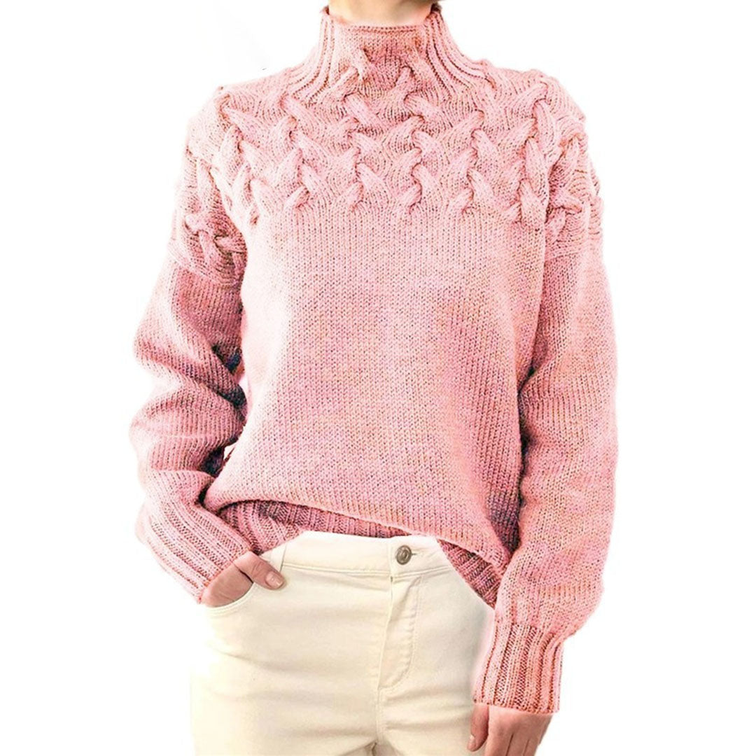 Pull col roulé femme oversize à torsades délicates – Rose