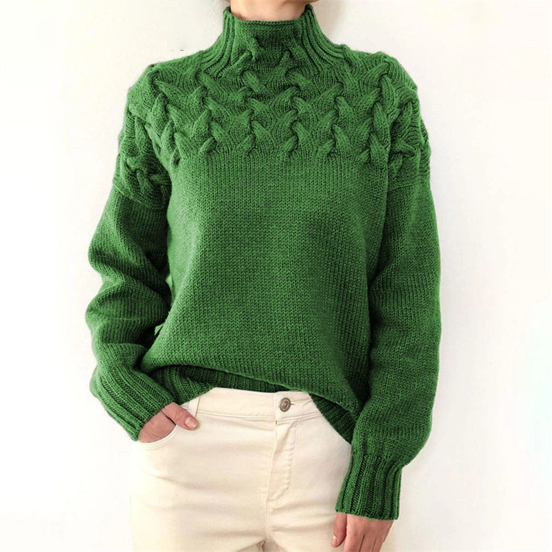 Pull col roulé femme oversize à torsades délicates – Vert