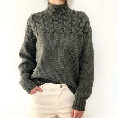 Pull col roulé femme oversize à torsades délicates – Gris