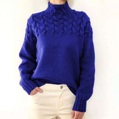 Pull col roulé femme oversize à torsades délicates – Bleu