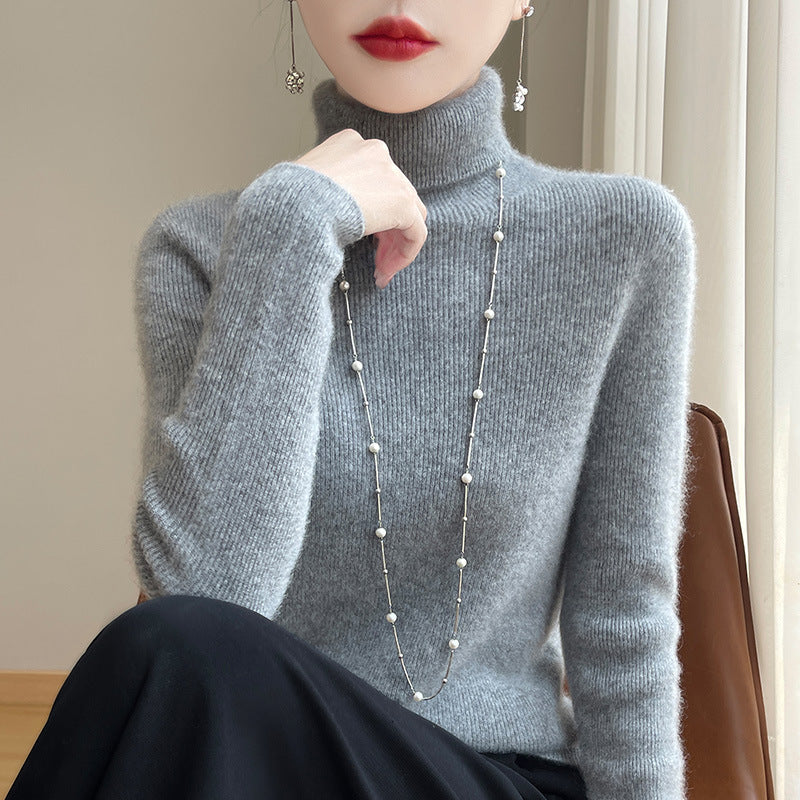 Pull col roulé femme près du corps en maille fine extensible – Gris moyen