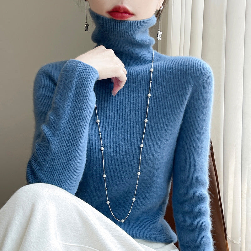 Pull col roulé femme près du corps en maille fine extensible – Bleu brume