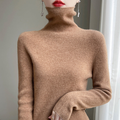 Pull col roulé femme près du corps en maille fine extensible – Camel doré