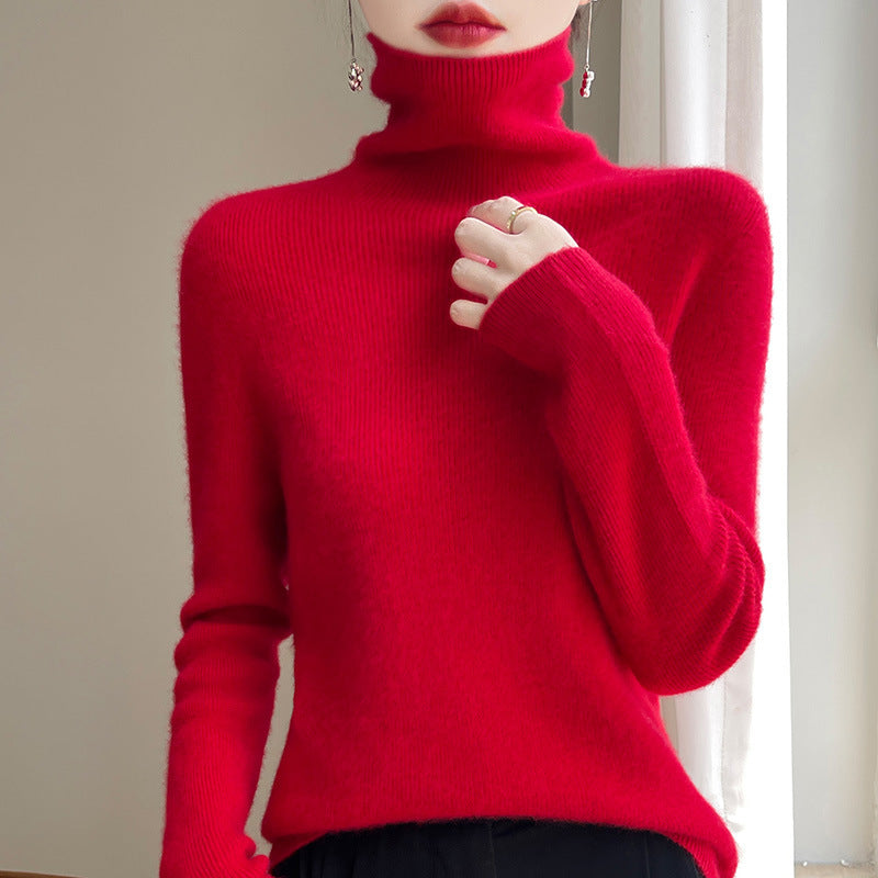 Pull col roulé femme près du corps en maille fine extensible – Rouge cerise