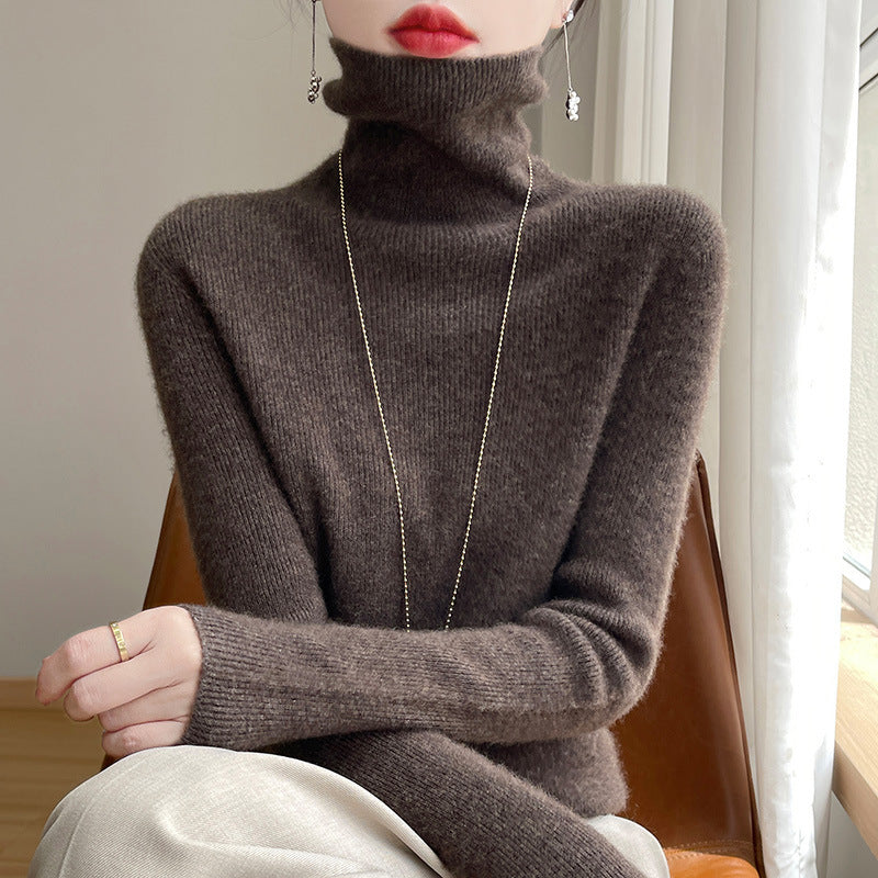 Pull col roulé femme près du corps en maille fine extensible – Taupe